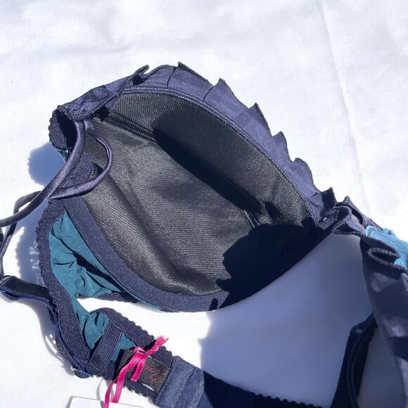 Fleur T England Padded Plunge Silk Bra 36D Peacock Blue Underwire - Picture 4 of 5